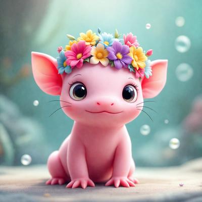 The primary subject of the image is a pink, fluffy, and cute little kitten with a flower crown on its head. The kitten is sitting on a rock, surrounded by a water background. The visual style of the image is a digital art or illustration, with a vibrant and cheerful color palette. The overall atmosphere of the image is warm, friendly, and inviting.